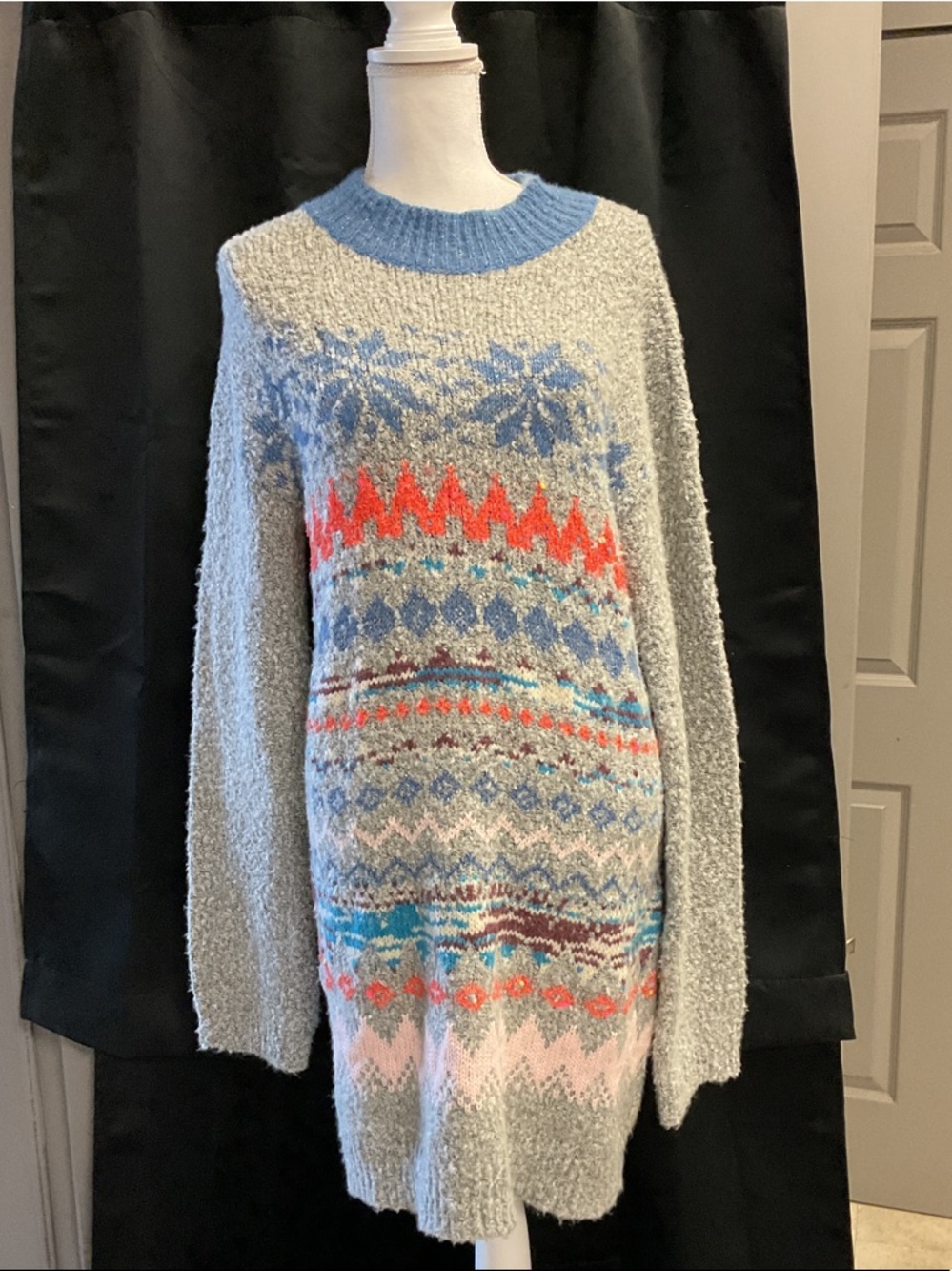 Free People Light Gray Fair Isle Sweater Dress with Blue & Coral Accents
